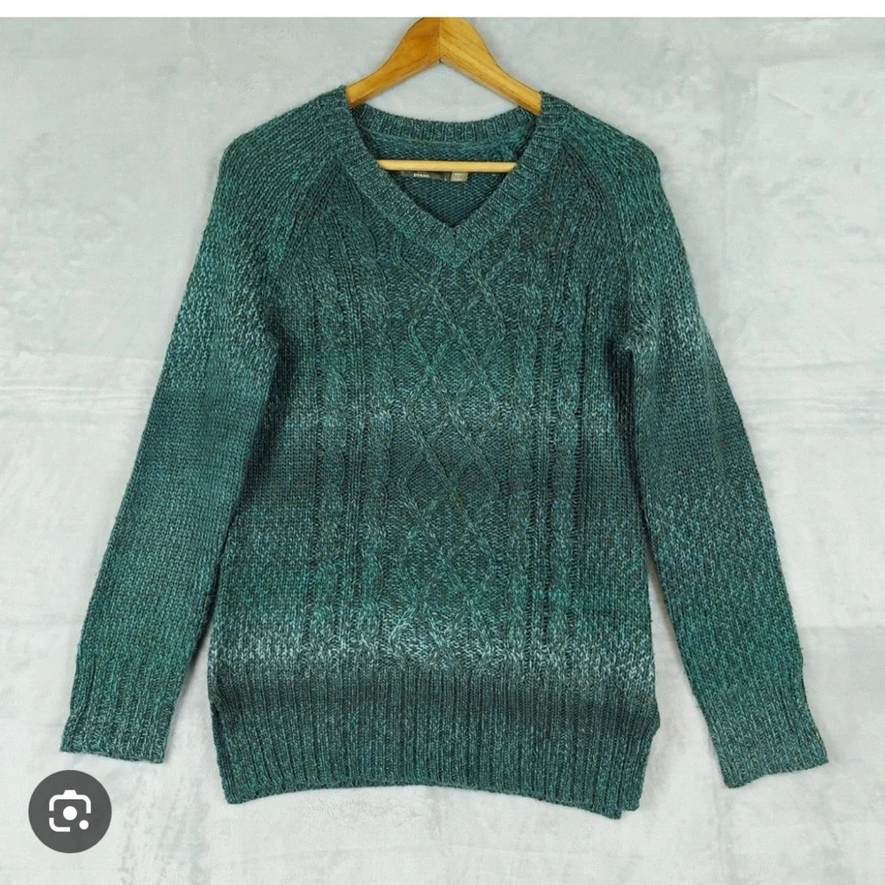 Prana Teal Green Cable-Knit V-Neck Sweater